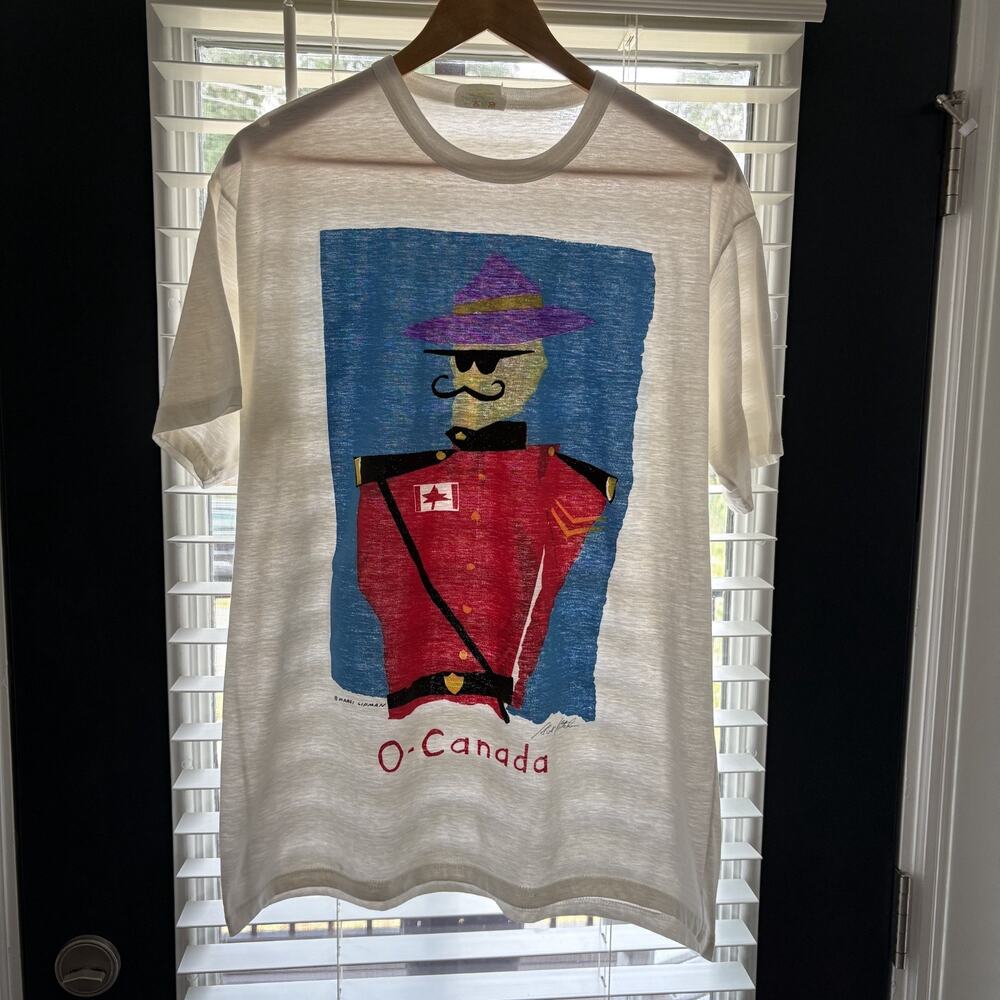 Vintage Canada Art T-Shirt Size L White 1990s Police Rare Paper Thin